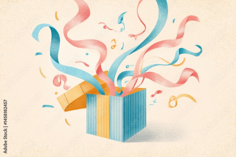 Leinwandbilder soft pastel illustration showcases an open gift box with colorful ribbons floating joyfully above, c