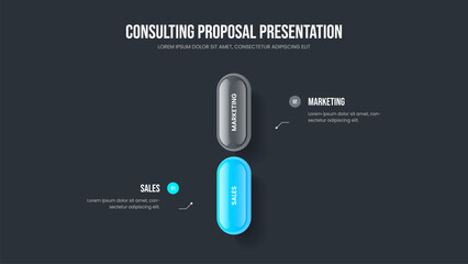 Professional Review Two Option Infographic Slide Design. Advertising Planning 2 Step Diagram Slideshow Layout. Consulting Solution Presentation Template Vector Illustration.