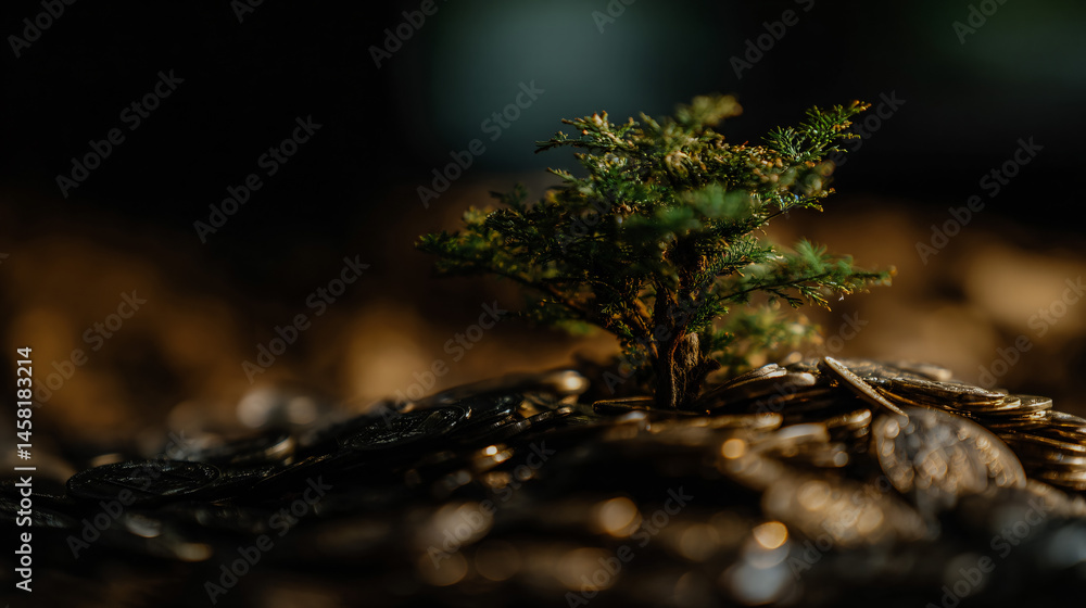 Poster a tree growing on coin exemplify the connection between finance and csr for a sustainable futurity