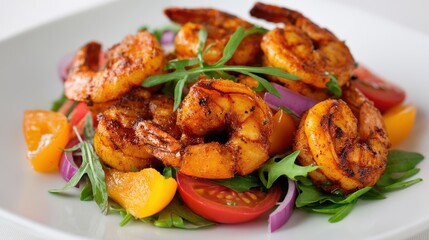 Deliciously Spiced Grilled Shrimp Served on a Colorful Fresh Salad with Cherry Tomatoes Sweet Peppers and Arugula Highlighting Culinary Artistry and Gourmet Presentation