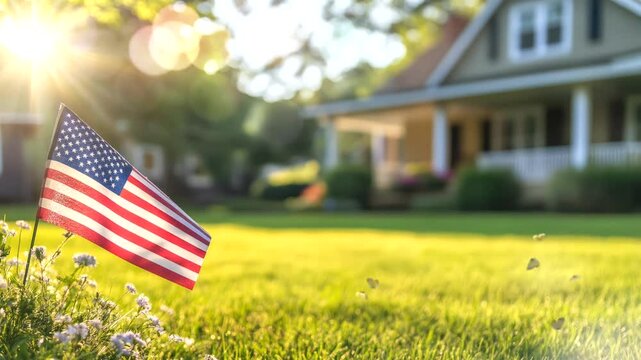 American Flag in the Sunshine: Captivating scene featuring a fluttering American flag in the foreground, with a charming house and vibrant greenery creating a serene.