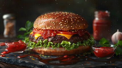 Classic All-American Cheeseburger: A Perfectly Layered Delight with Fresh Toppings
