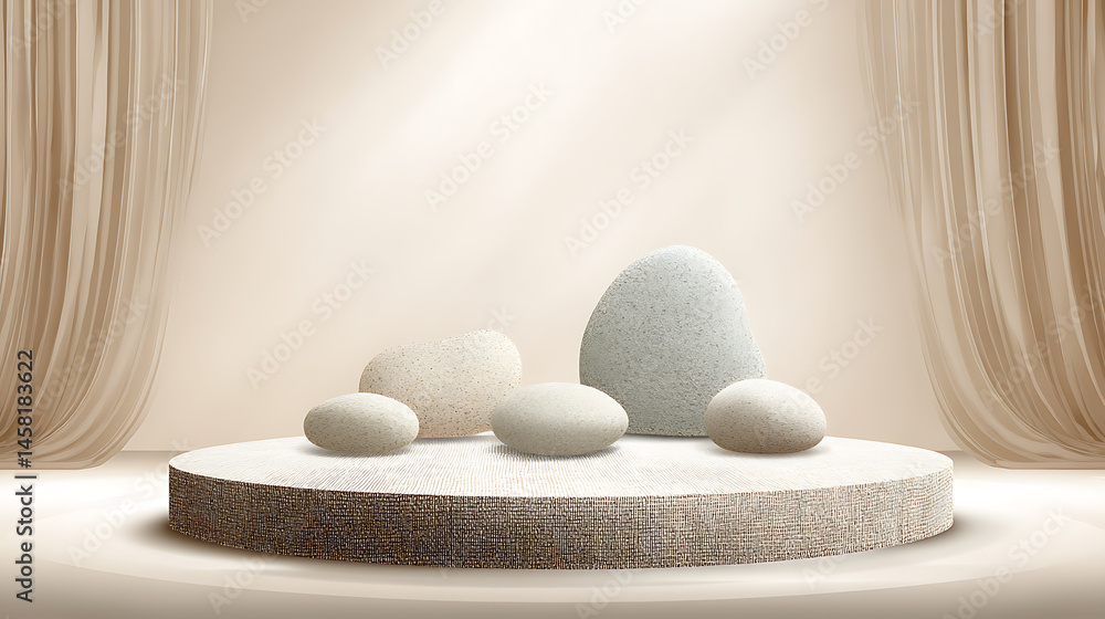 Poster light beige background for a presentation with a round podium and stones