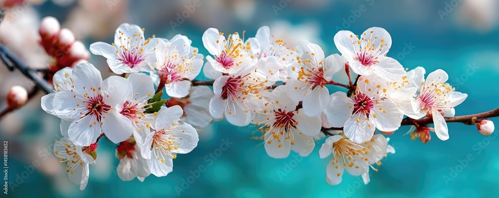 Poster blossoming apricot tree branches with beautiful blurred sky concept. beautiful cherry blossoms in fu