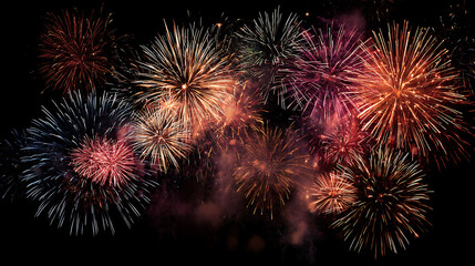 Fototapeta premium Colorful fireworks on the 4th of july, festival celebration explosion, abstract firecrackers in the night sky