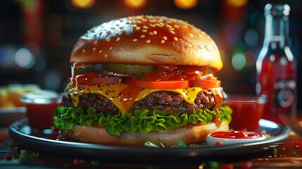 Classic All-American Cheeseburger: A Perfectly Layered Delight with Fresh Toppings
