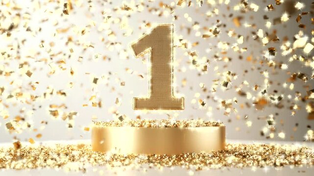 Symbol of Excellence: A golden number one stands proudly on a podium, enveloped by a cascade of shimmering confetti, evoking a sense of achievement, triumph, and celebration.