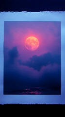 A large, orange-hued full moon dominates a twilight sky above a calm, dark ocean, partially obscured by hazy clouds