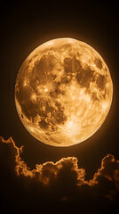 A large, orange-hued full moon dominates a dark night sky, partially obscured by low-hanging clouds