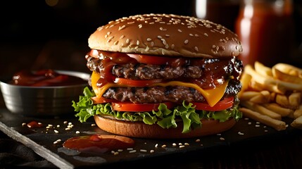Classic All-American Cheeseburger: A Perfectly Layered Delight with Fresh Toppings
