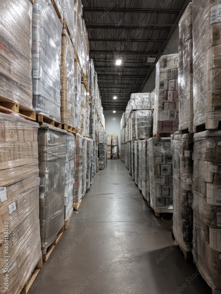 Poster warehouse filled with stacked pallets wrapped in plastic organized in neat rows generative ai