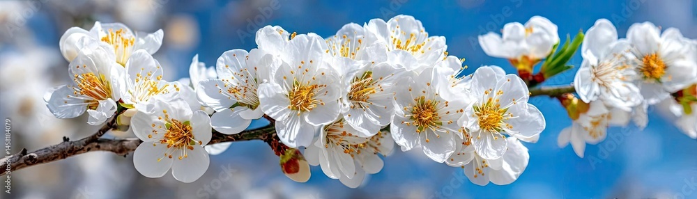 Poster Blossoming apricot tree branches with springtime blue background concept. A beautiful branch of cherry blossoms against a clear blue sky.