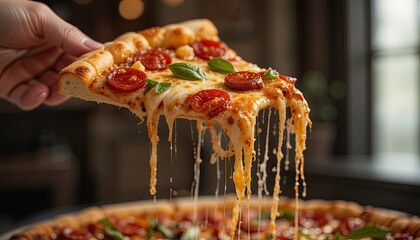 Close up of a slice of pepperoni pizza with melting cheese being held over the rest of the pizza