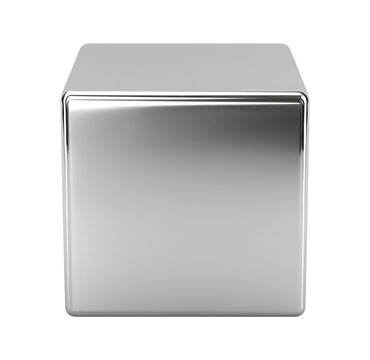 Front view of a metal cube isolated on transparent background
