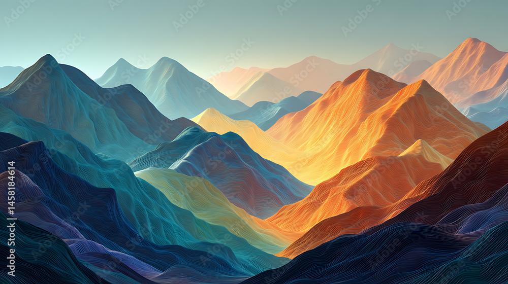Poster magical colorful abstract panorama with mountains