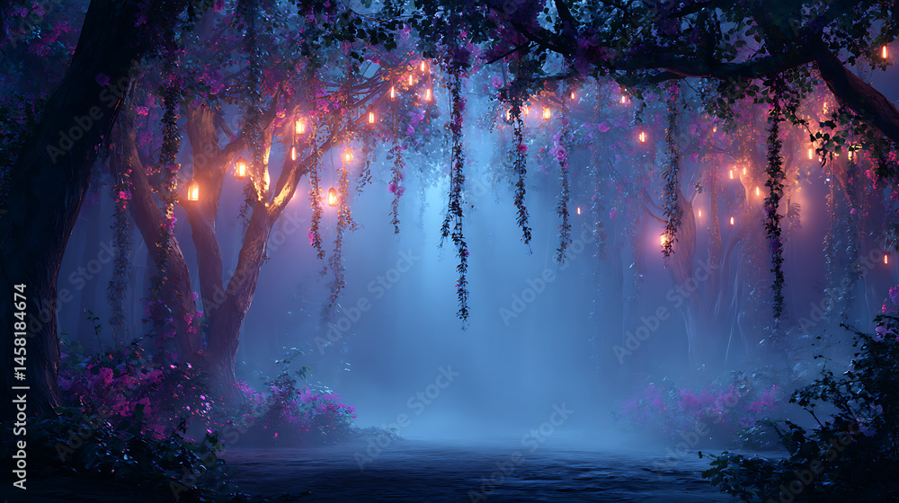 Poster magical fairy tale forest landscape background with fog and glowing lights