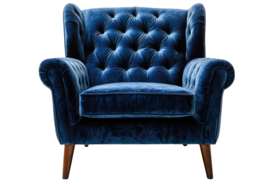 Luxurious deep blue velvet armchair button tufted design elegant wooden legs isolated on black on transparent background
