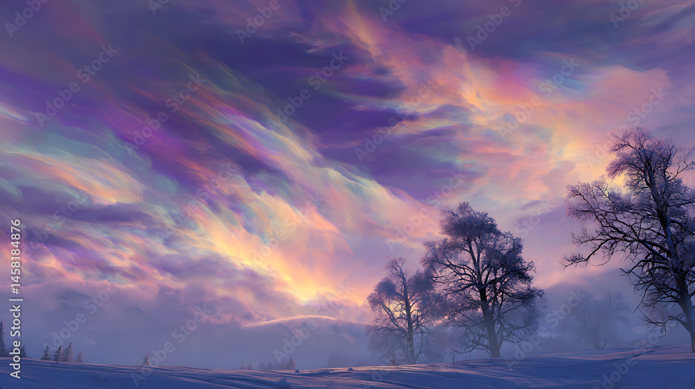 Poster magical winter landscape scene with colorful clouds and trees