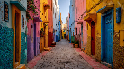 Street view of historic morrocan alley with colorful houses