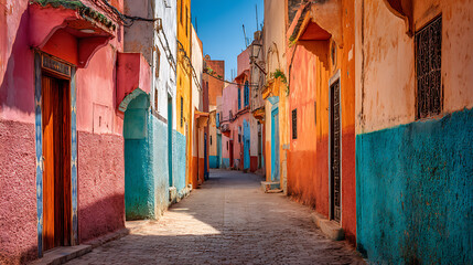 Fototapeta premium Street view of historic morrocan alley with colorful houses