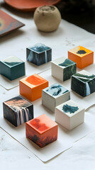 Obraz premium Ten small, square, landscape-printed boxes arranged on a white surface