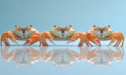 Fototapeta premium Three cooked crabs aligned side by side on a white reflective surface with a minimal background showing crustacean food concept in seafood stock photo format,