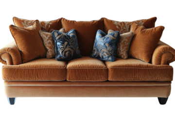 Luxurious gold velvet sofa with elegant blue and gold patterned pillows studio shot on black on transparent background