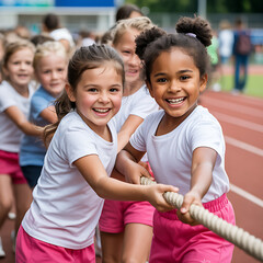 Happy Diverse Girls Tug of War Team Competition