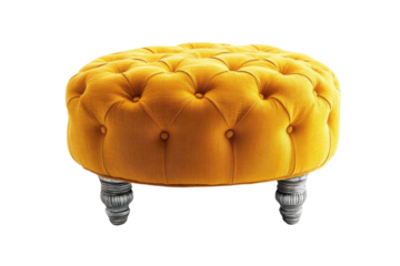 Luxurious mustard yellow tufted ottoman with elegant silver legs perfect for adding a touch of vintage on transparent background