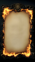 A burning parchment framed by an ornate, dark, fire-edged border, featuring a central medallion