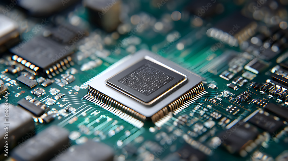 Poster Microchip with circuits on computer motherboard