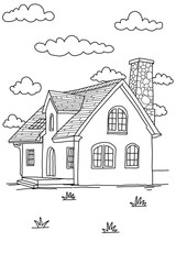 Coloring page classic With chimney house object for children. Black and white house sketch 