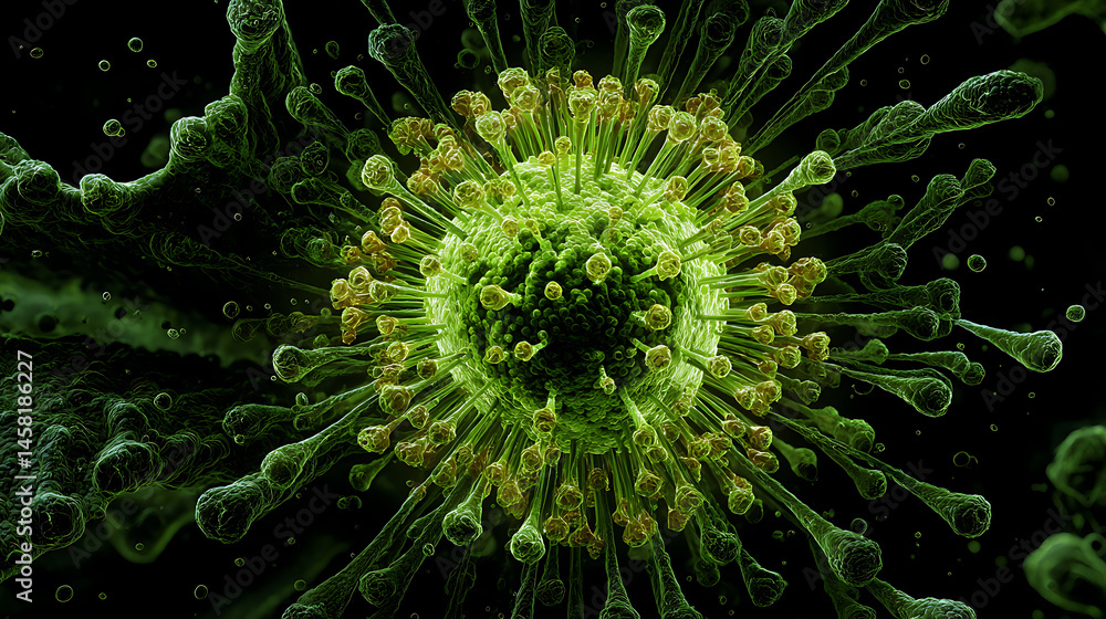 Aufkleber microscopic view of green virus particle with spikes, biological and scientific concept
