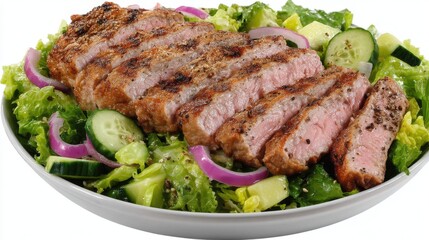 Grilled steak slices resting on a fresh salad of crisp lettuce, cucumbers, and red onions creating a vibrant and appetizing presentation ideal for healthy dining experiences