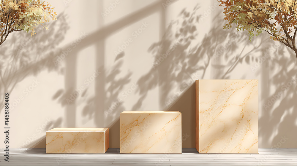 Poster three beige marble platforms with shadow from tree foliage on the wall, background for presentation