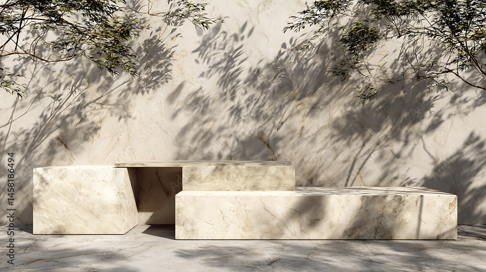 Poster three beige marble platforms with shadow from tree foliage on the wall, background for presentation