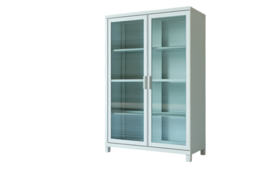 Modern white glass door cabinet with multiple shelves perfect for storage and display clean design sleek on transparent background