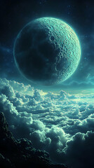 Teal moon hangs low over a sea of clouds in a dark, dreamy night sky