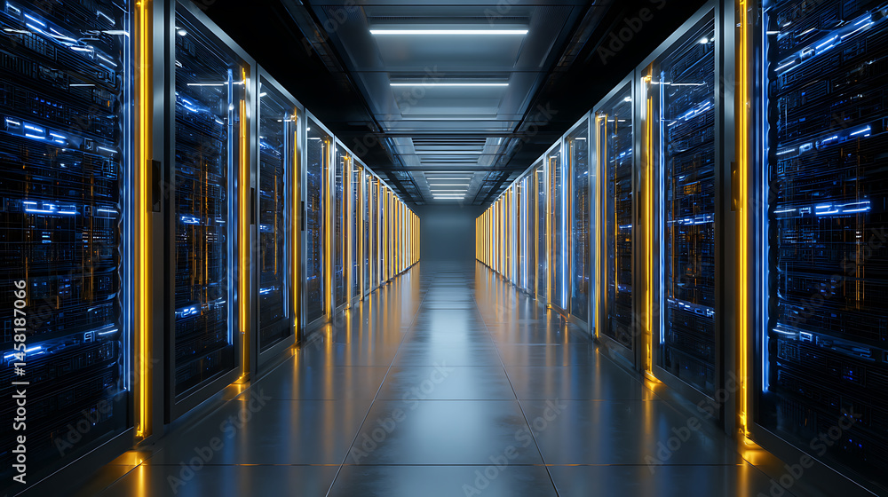 Poster Modern data center racks with blue led lights hosting databases