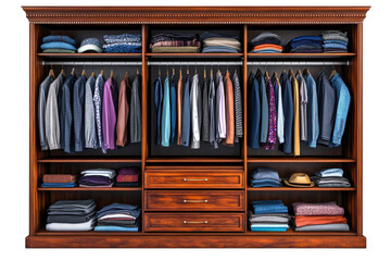 Organized modern wardrobe with neatly folded clothes and stylish jackets hanging on wooden rack on transparent background