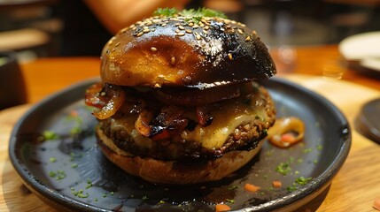 Artisanal Gourmet Burger with Caramelized Onions and Melted Cheese

