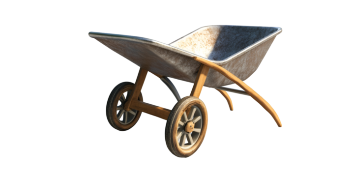 Antique Two-Wheeled Wooden and Metal Wheelbarrow Isolated on Transparrent Background

