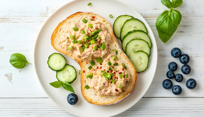 Toasts with tuna. Italian toasts sandwiches with pate canned tuna, egg and cucumber. Top view, flat lay