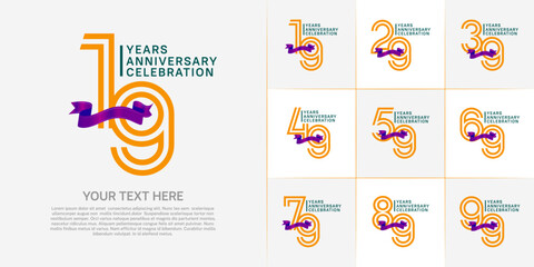 Anniversary logo type set with double line number. orange and green color with purple ribbon for celebration event