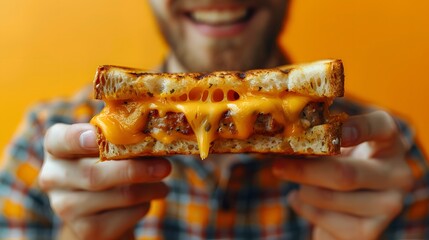 Gleeful Indulgence: A Man's Pure Joy While Savoring a Perfectly Grilled Cheese Sandwich

