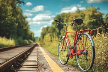 A red bicycle is parked on the side of a railroad track