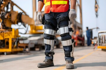 Obraz premium A man in a yellow vest and blue jeans stands in front of a yellow crane