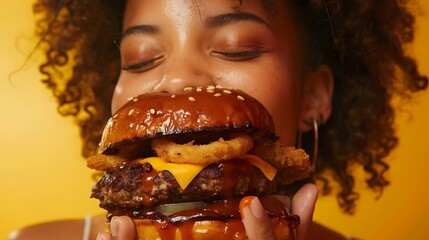 Overwhelmed by Flavor: A Woman's Ecstatic Moment with a Messy, Delicious Burger

