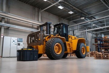A yellow and black Caterpillar truck is parked in a large industrial building