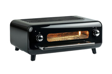 Obraz premium Sleek black countertop oven with glowing interior ready to bake delicious treats Stylish design chrome on transparent background